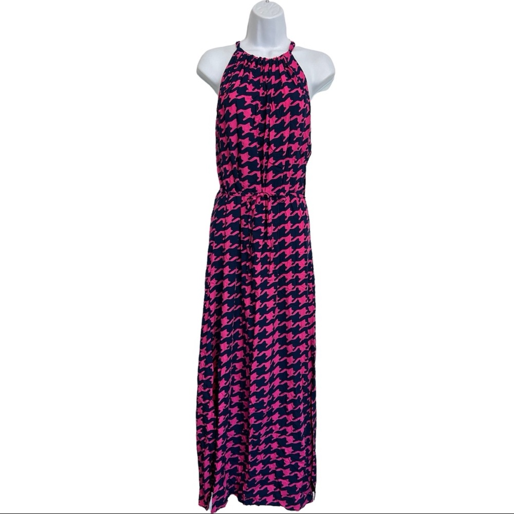 Escapada Womens Navy Blue Pink Herringbone Alice Long Halter Dress Sz M 416-D530